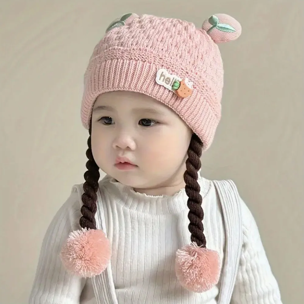 Protección para los oídos engrosada para brazo, adecuada para salidas diarias y viajes, gorro para niños, bonito gorro tipo jersey de dibujos animados con trenzas para niñas - imagen 3