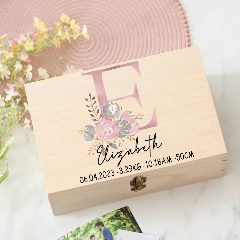 Caja de recuerdos de regalo personalizada para bebé, caja de memoria personalizada con estampado de letras y flores, caja de madera para regalo de ducha para recién nacido, caja de estadísticas de nacimiento para bebé - imagen 5