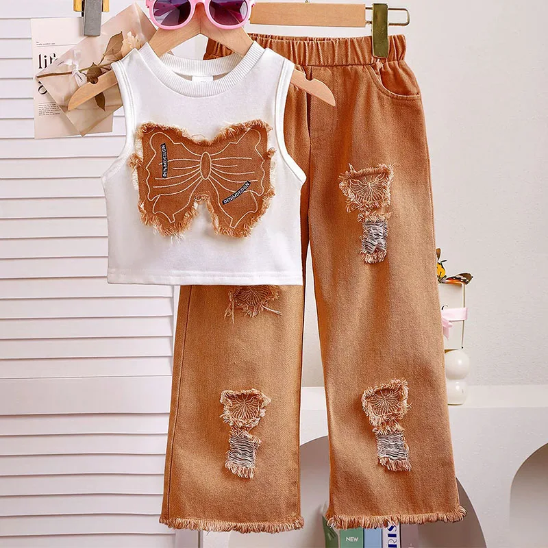 Conjuntos de 2 piezas de disfraz de verano, ropa para niño niña, Tops sin mangas de mariposa a la moda para bebé + pantalones con agujeros, ropa de Boutique para niños B276 - imagen 3