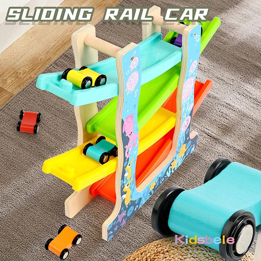 Rampa de coches Montessori de madera con mini coches - imagen 4