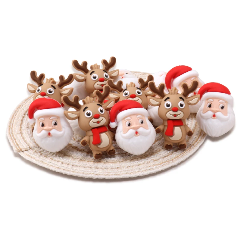 4 Uds. Cuentas de silicona 3D de Papá Noel, cuentas focales de Reno, cuentas artesanales hechas a mano DIY para hacer joyas, bolígrafos de cuentas, llaveros