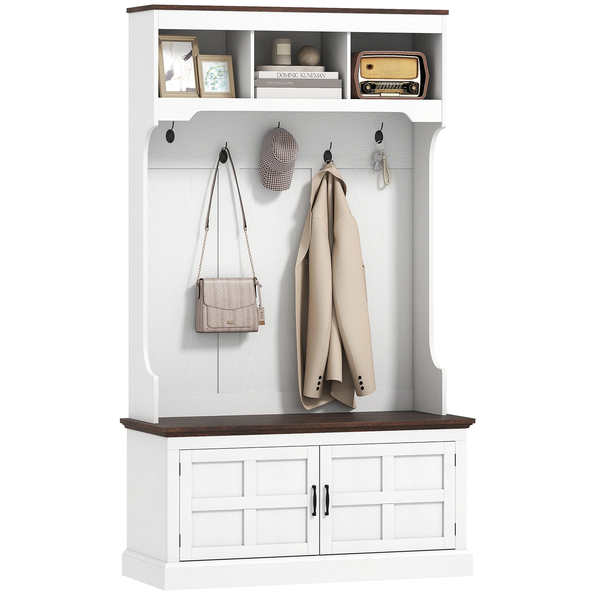 HOMCOM Perchero Zapatero, Perchero para Entrada Recibidor con Banco Zapatero, 2 Puertas, 5 Ganchos y 3 Estantes Superiores, Estilo Rústico para Salón Dormitorio Pasillo, 105x40x180 cm, Blanco - imagen 3