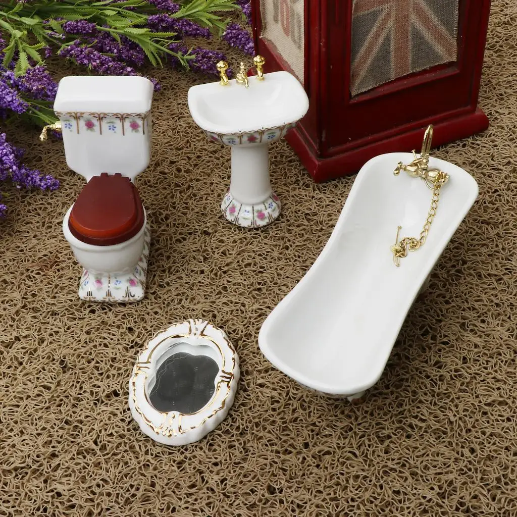 Accesorios baño casa muñecas – Bañera, lavabo y espejo en cerámica miniatura - imagen 4