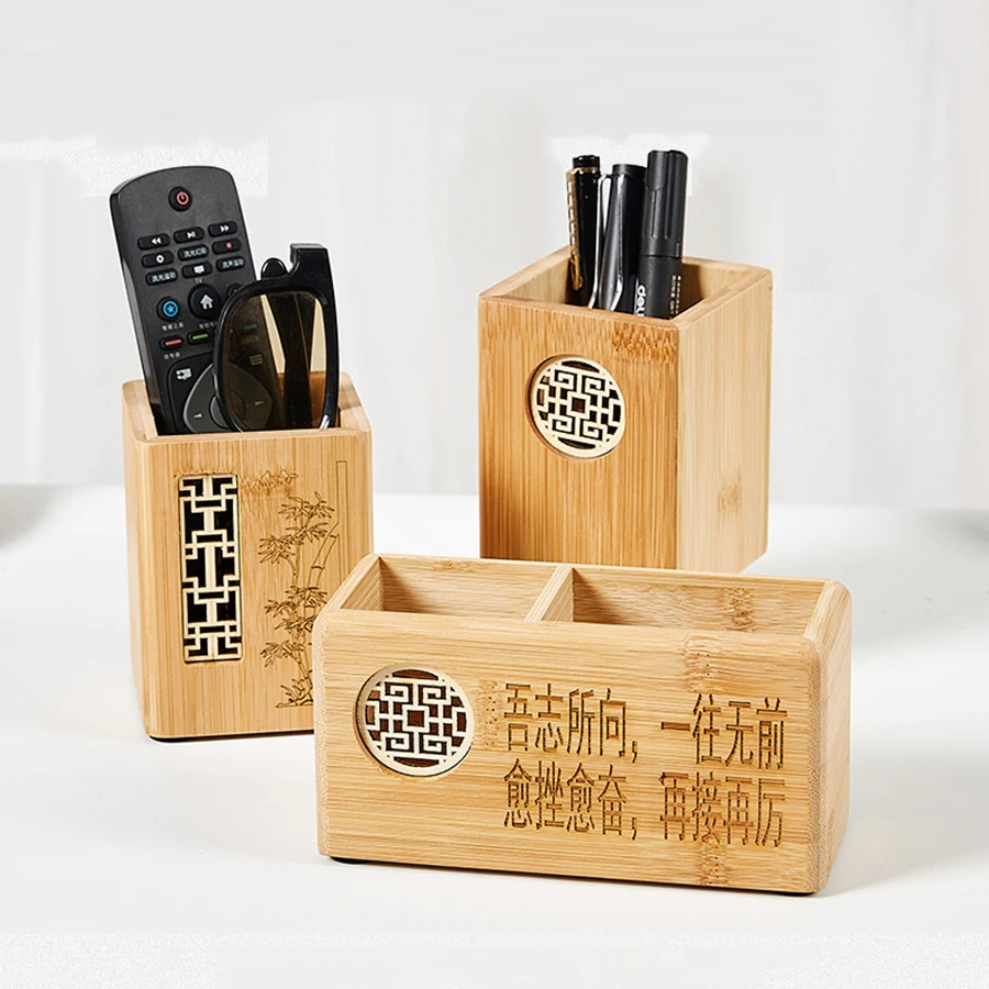 Portalápices multifuncional de madera maciza, organizador de escritorio Retro con grabado, caja de almacenamiento de oficina para lápices, 1 ud. - imagen 3