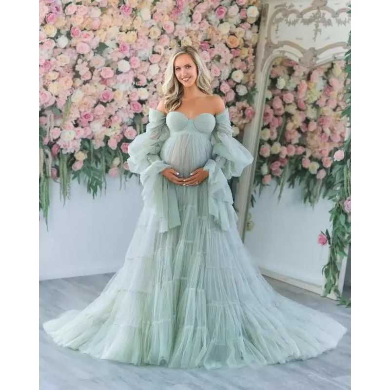 Vestido premamá largo con volantes para sesión de fotos - imagen 4