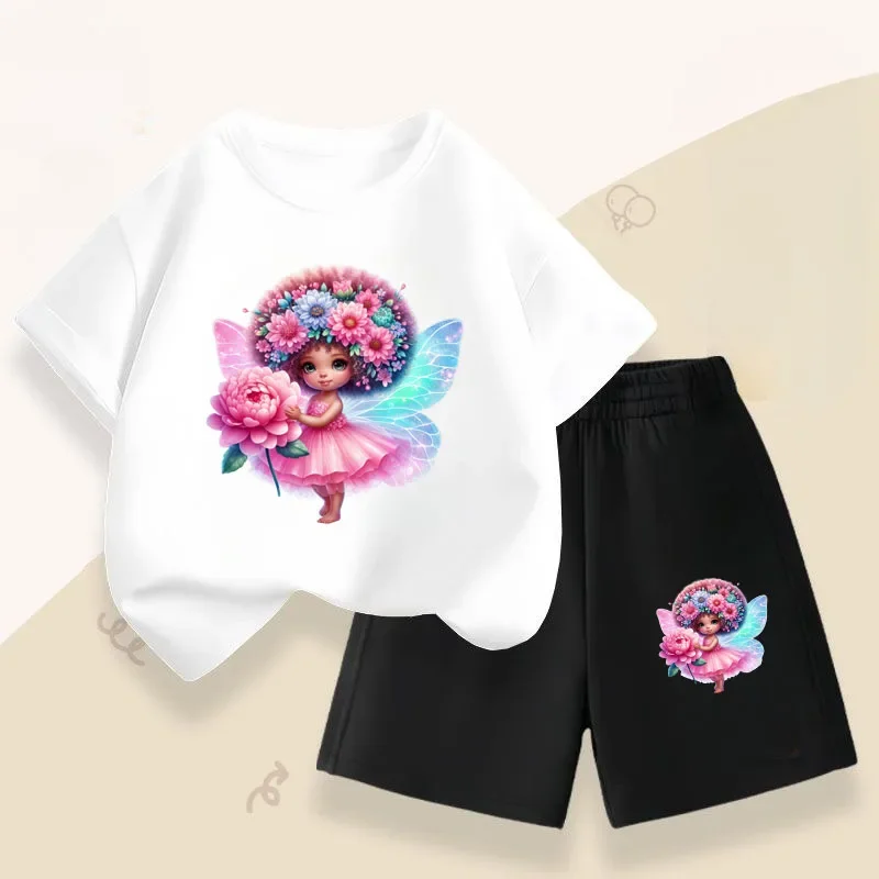 Rose Angel Girl, novedad de verano, Top de manga corta, pantalones cortos, conjunto de dos piezas, trajes informales transpirables para niños, trajes de playa para niños