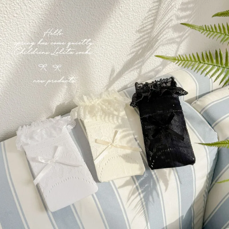 Calcetín de encaje con volantes para niños y niñas, calcetín sencillo de Color blanco y negro con volantes, calcetín de malla suave para primavera y verano - imagen 3