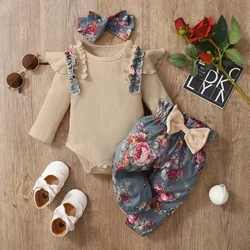Ropa para niñas recién nacidas, mono acanalado, pantalones a rayas y diadema, conjuntos de trajes para bebés, ropa de invierno para niñas de 3, 6, 12 y 18 meses, 3 uds.