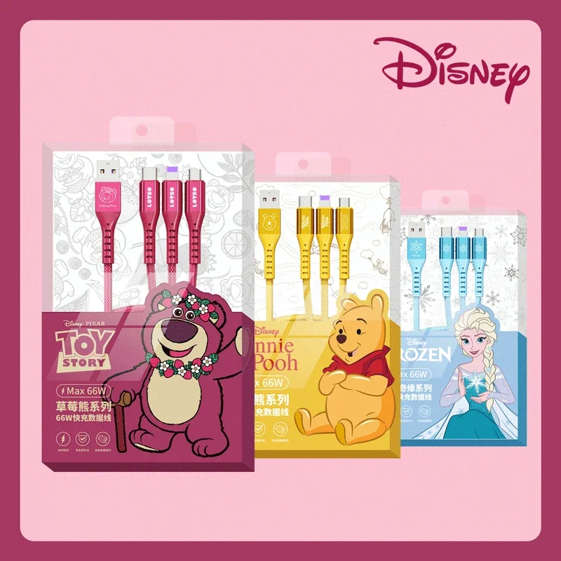 Cable de carga de datos 3 en 1 de Disney, Cable de carga rápida de fresa Winnie The Pooh Frozen para cargador USB Micro tipo c Lightning