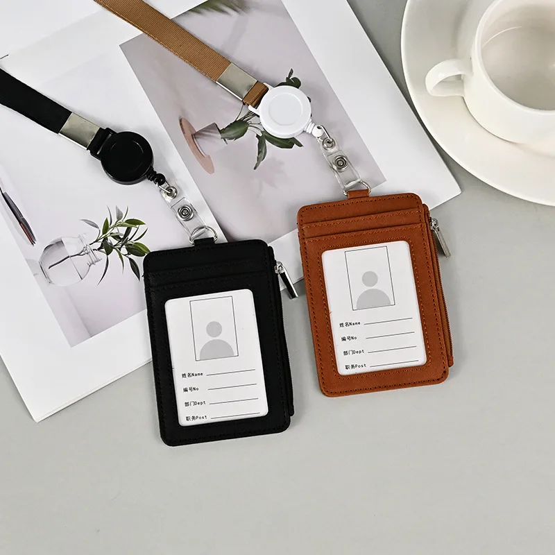 Portatarjetas de identificación de trabajo de cuero, tarjetero de pecho para empleados, marca de fábrica, tarjetero de identificación de trabajo de calidad de cuero con cordón