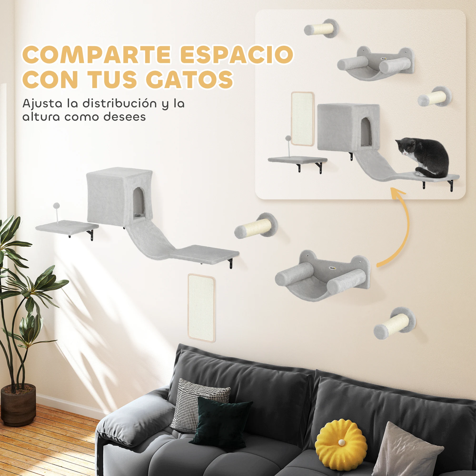 PawHut Juego de Pared de Escalada para Gatos de 6 Piezas Estanterías para Gatos con Condominio Plataforma Hamaca Escaleras Percha Tabla Rascador Poste de Sisal Bola de Juguete - imagen 5