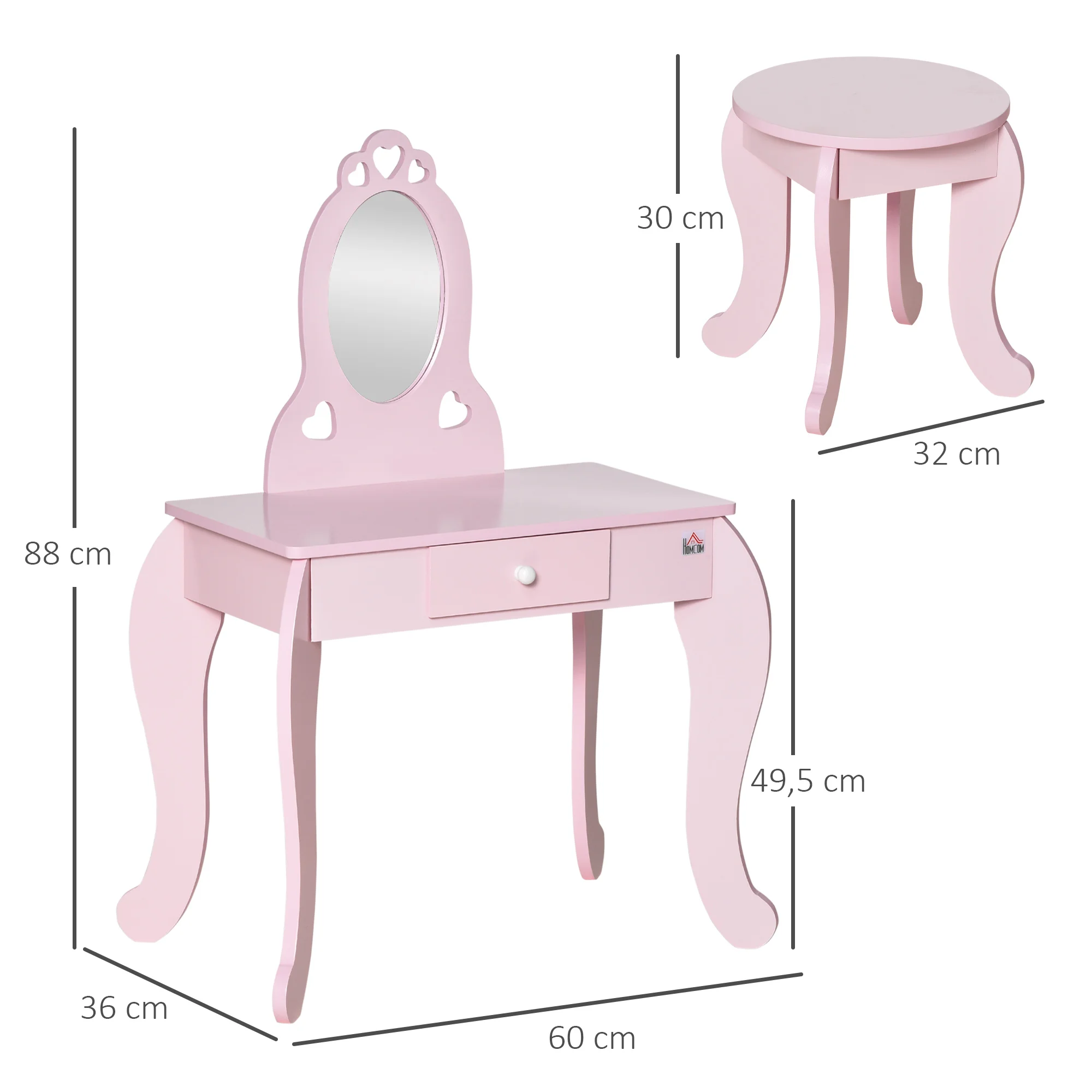 HOMCOM Tocador Infantil de Madera para Niñas de 3-6 Años con Taburete y Espejo Tipo Princesa Mesa de Maquillaje para Niñas con Cajón para Dormitorio 60x36x88 cm Rosa - imagen 3