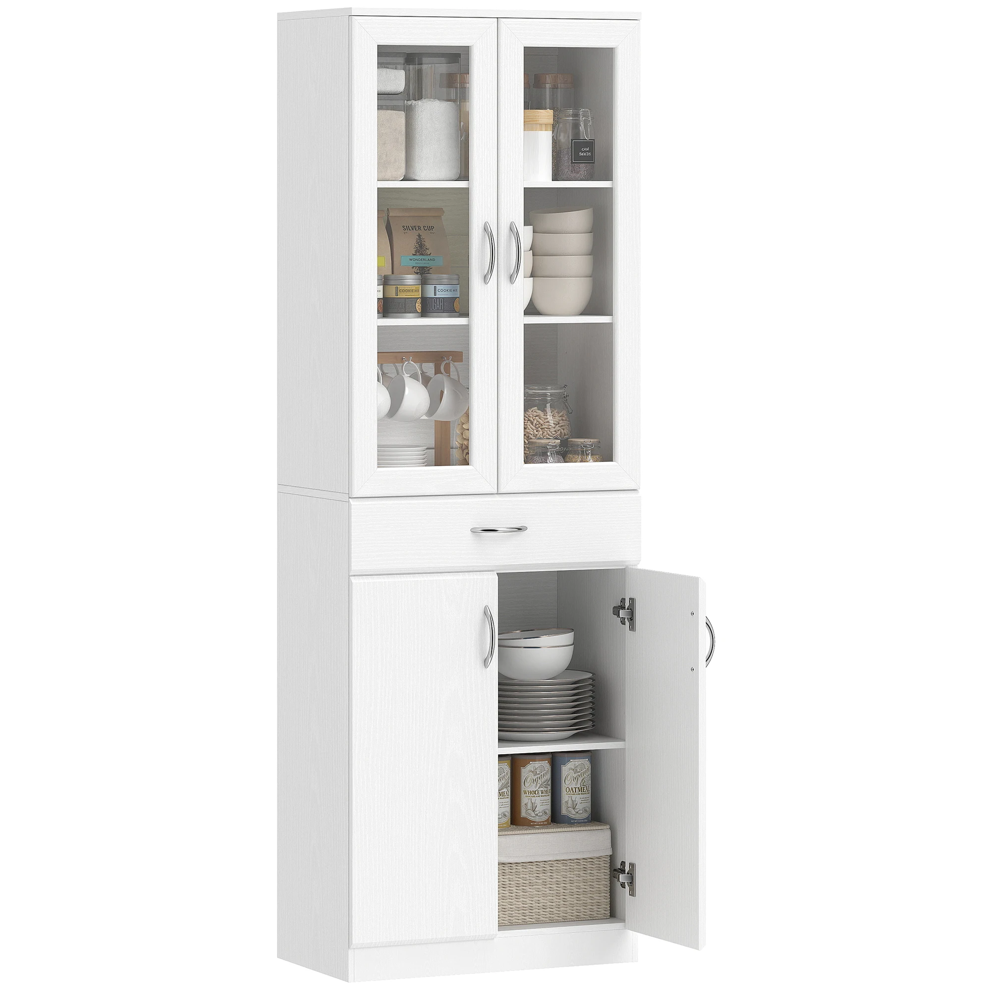 HOMCOM Alacena de Cocina, Mueble Auxiliar de Cocina con Puertas de Vidrio, Cajón, Estantes Ajustables, para Comedor, Salón, Blanco, 60x35x180 cm
