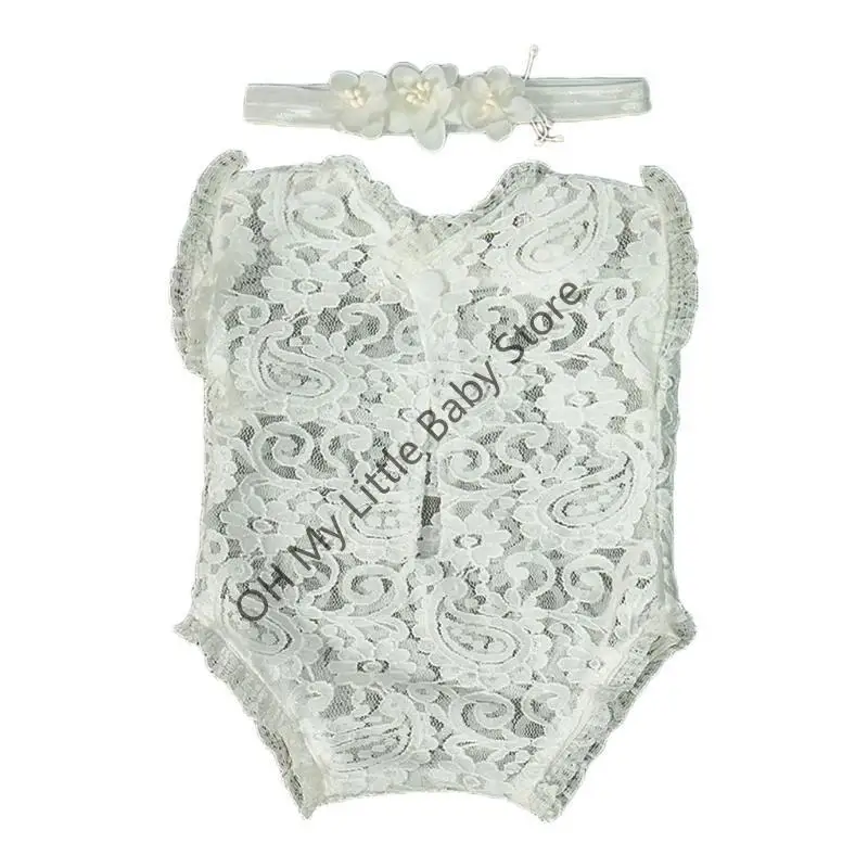 M76C 2 PCS Fotografía recién nacida Props encaje Romper Romper para bebés Fotos Disparos ropa Baby Tossress Bodysuit