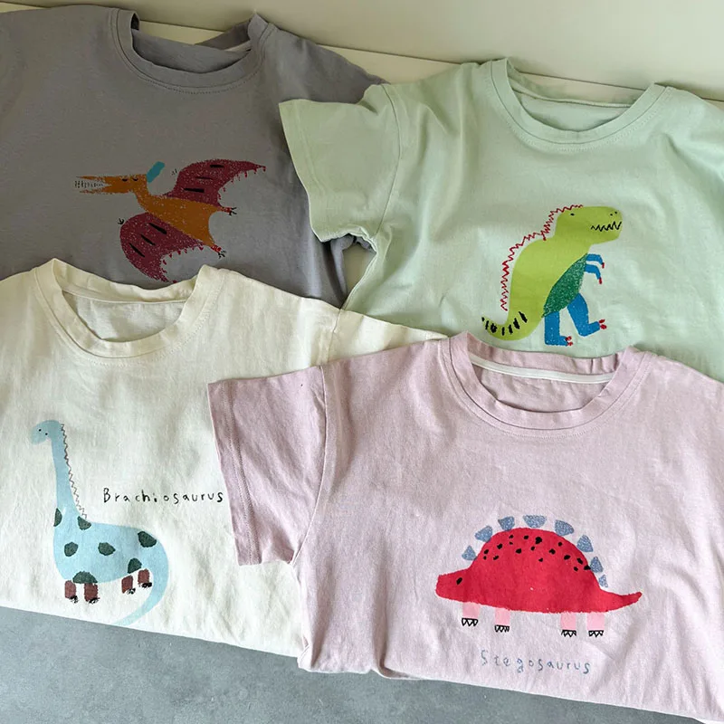 MILANCEL, nueva camiseta de verano para niños, camiseta con letras de dinosaurio de dibujos animados para niñas, camisetas holgadas de algodón para niños