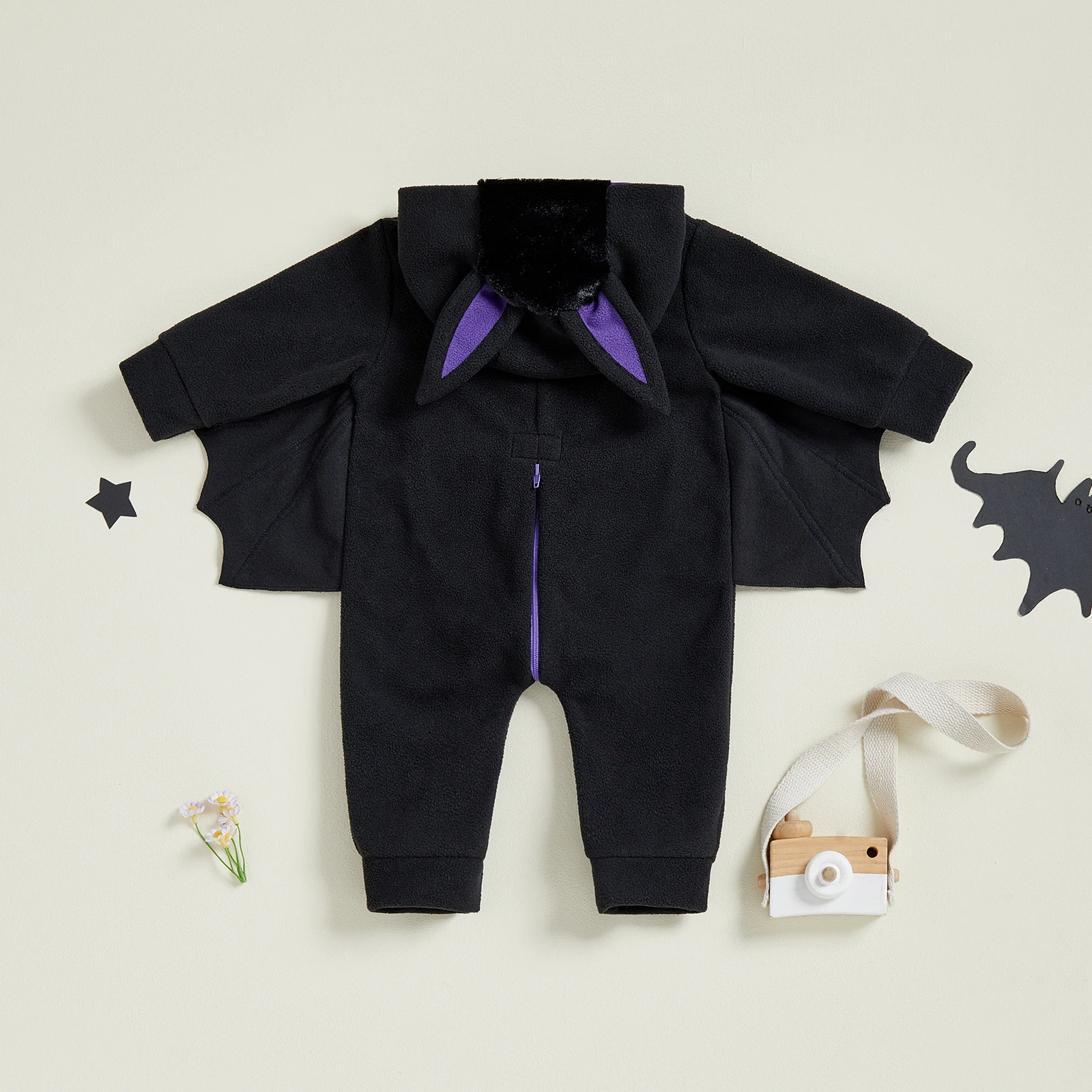 Disfraz de Halloween de murciélago para bebé, peleles de manga larga con capucha frontal y cremallera en la oreja de murciélago de peluche - imagen 2