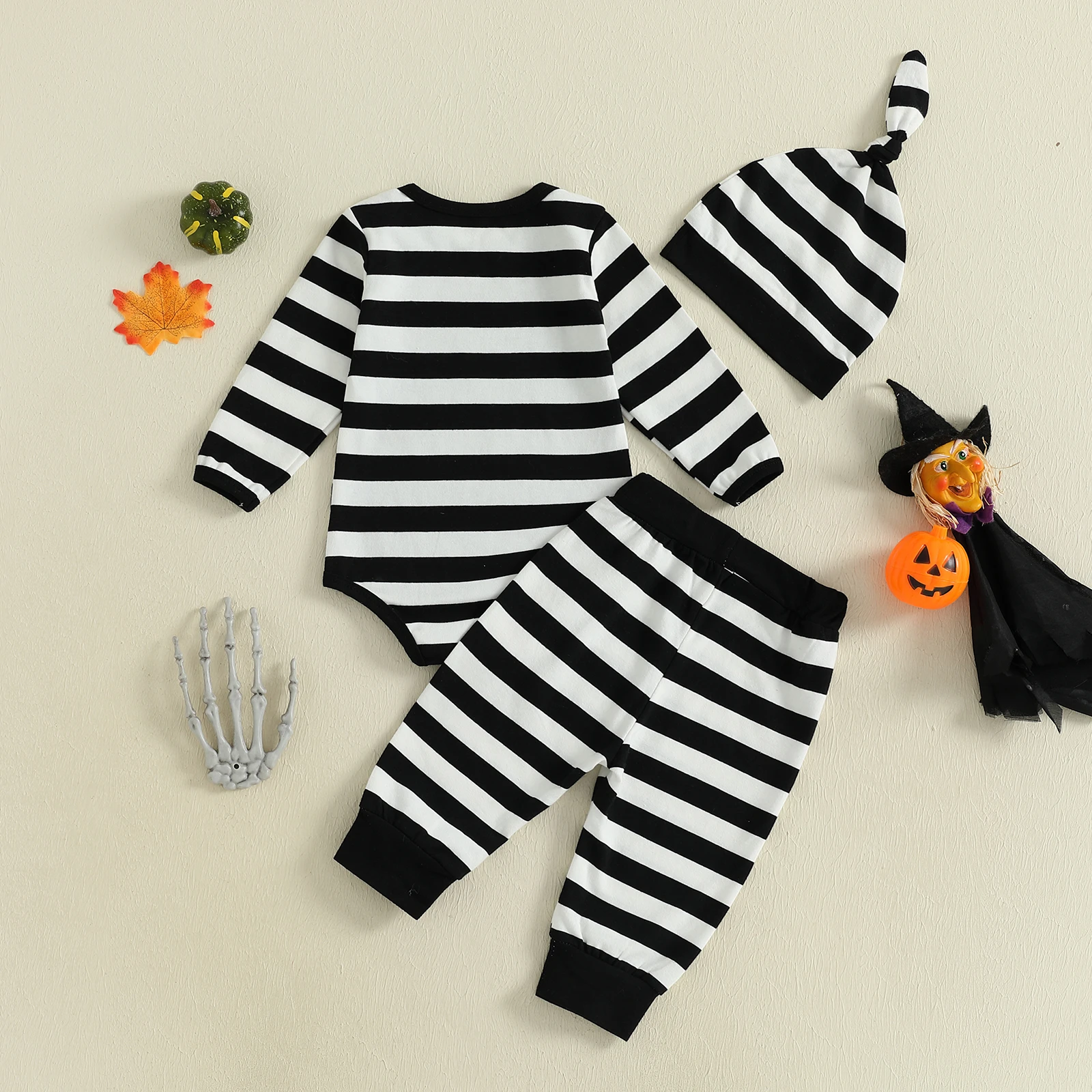 VISgogo Conjunto de 3 piezas de mameluco de manga larga con cuello redondo y estampado de letras holgadas para bebés y niños de Halloween - imagen 2