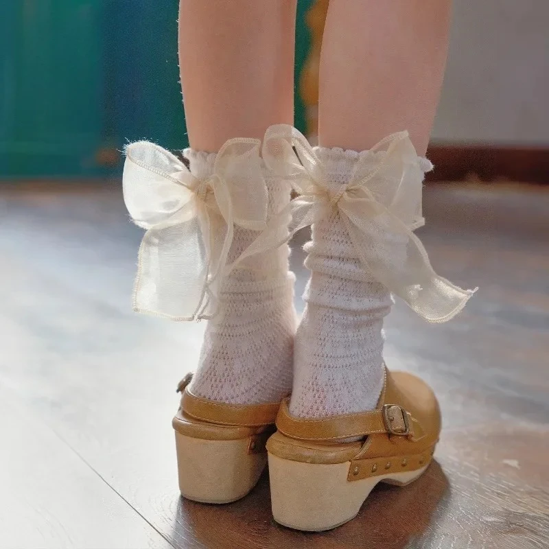 Calcetines de pantorrilla con lazo ultrafino de verano para niños y niñas, calcetines escolares de algodón suave con lazo de moda coreana Jacquard para niños - imagen 2