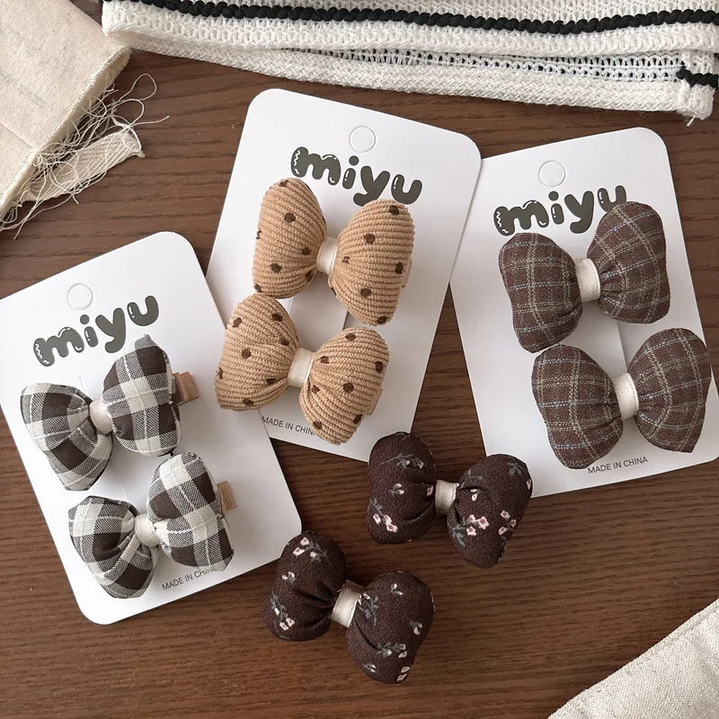 2 unids/set coreano a cuadros Clip de pelo con lazo para niños Retro Boho estampado Floral Otoño Invierno horquillas Beige conjunto de pasadores de tela suave - imagen 4