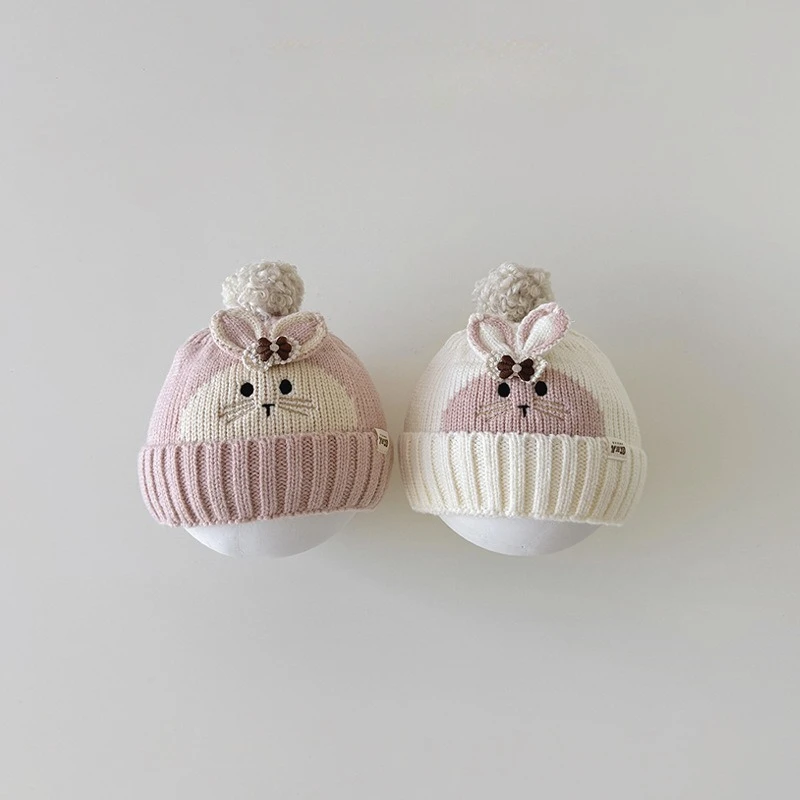 Gorro de invierno para bebé, gorro tejido con forro de algodón con Orejas de conejo para niña, gorro cálido con orejeras para recién nacido, gorro de invierno con animales bonitos - imagen 2