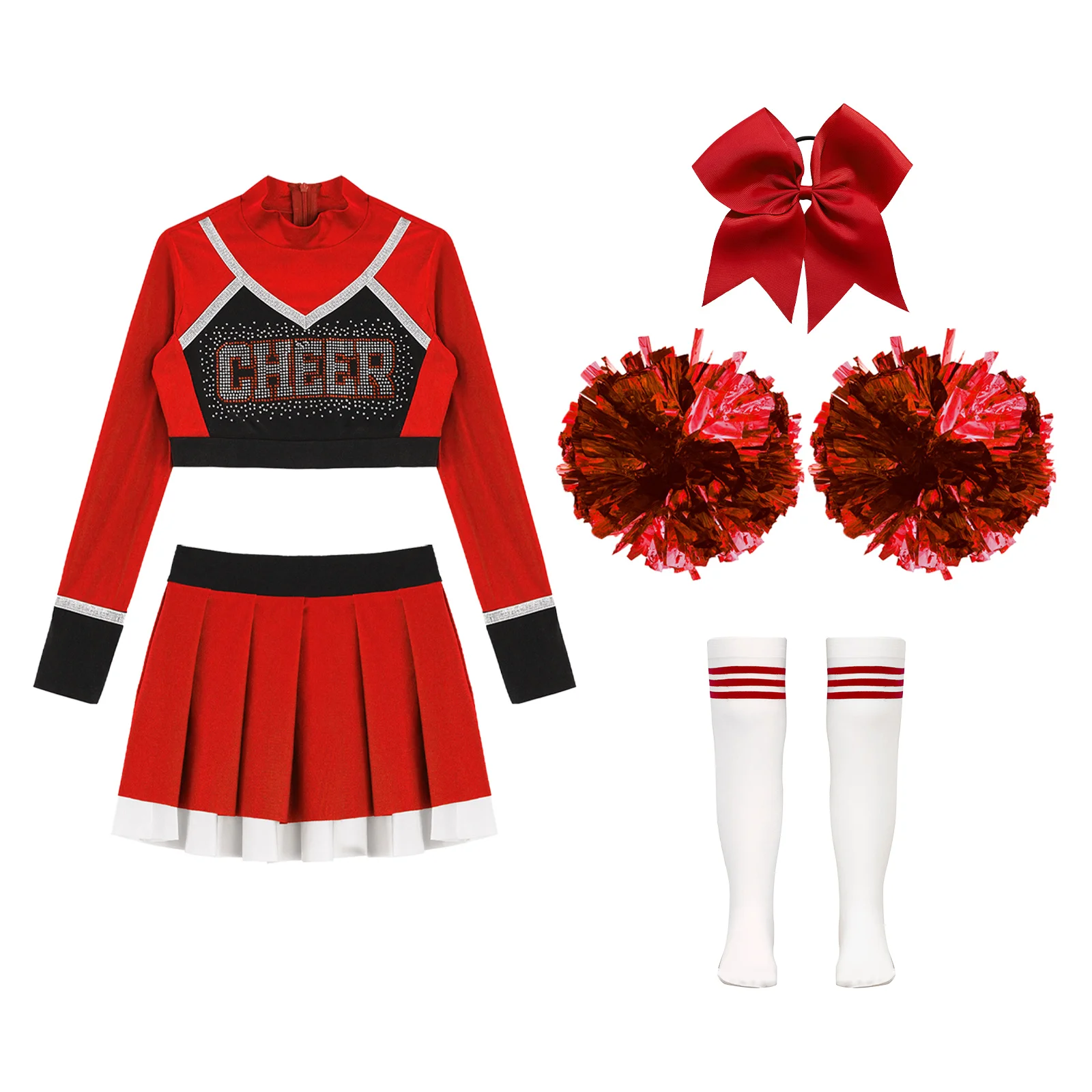 Traje de baile de porristas, Top corto de manga larga con estampado de letras de diamantes de imitación brillantes, Patchwork de Color de contraste, plisado de dos capas