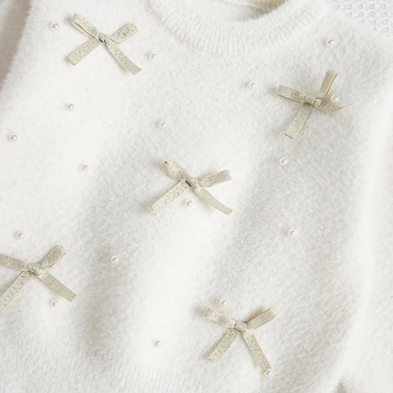 MILANCEL, nueva prenda de punto de otoño para bebé, 9M-5T, suéter bonito con cuentas y lazo para niñas, ropa fina para niños - imagen 5