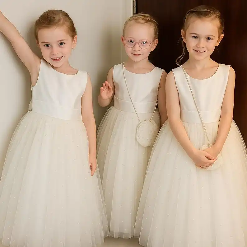Vestido de tul con perlas y espalda en V hasta el tobillo para boda, niña de las flores, desfile de verano a la moda, sesión de fotos de princesa para niños pequeños, vestido de invierno para niña - imagen 4