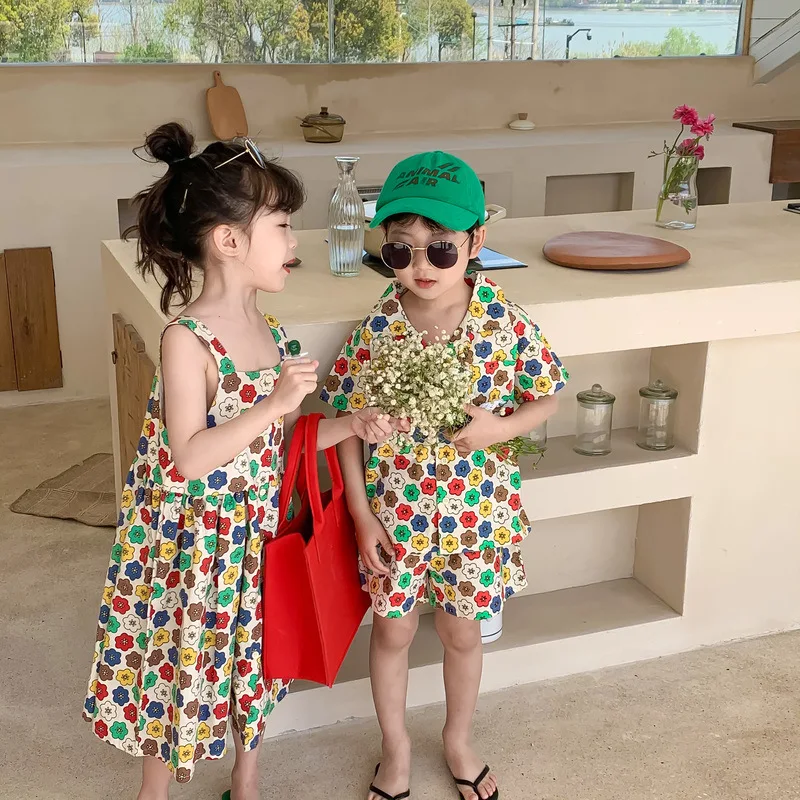 Conjunto de verano de 2 piezas para niños y niñas, vestido con tirantes y estampado de flores, para hermanos y hermanas - imagen 3