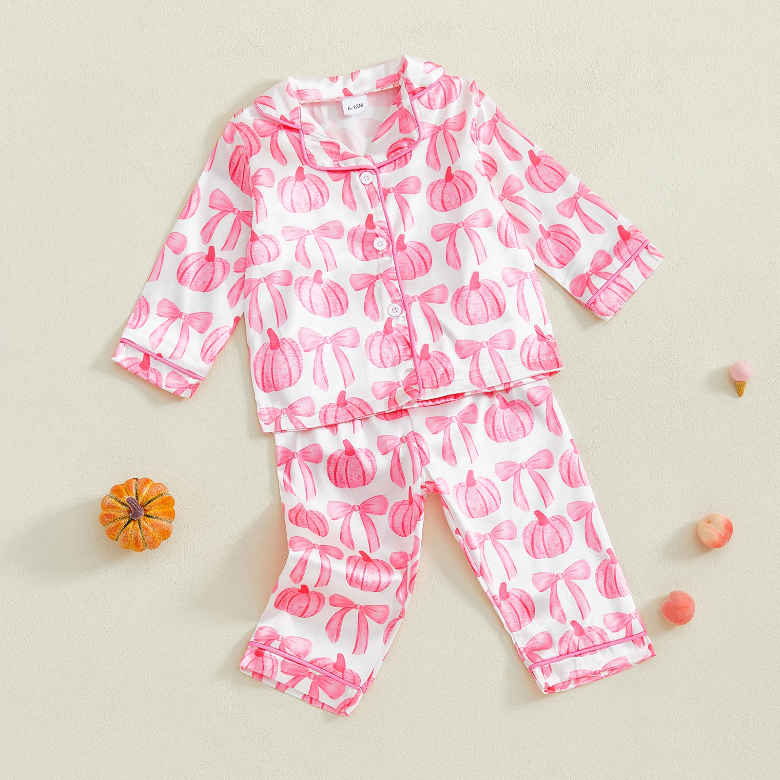 VISgogo Conjunto de pijamas de Halloween para niñas con estampado de lazo de calabaza Tops de manga larga con pantalones de cintura elástica Ropa de dormir - imagen 3