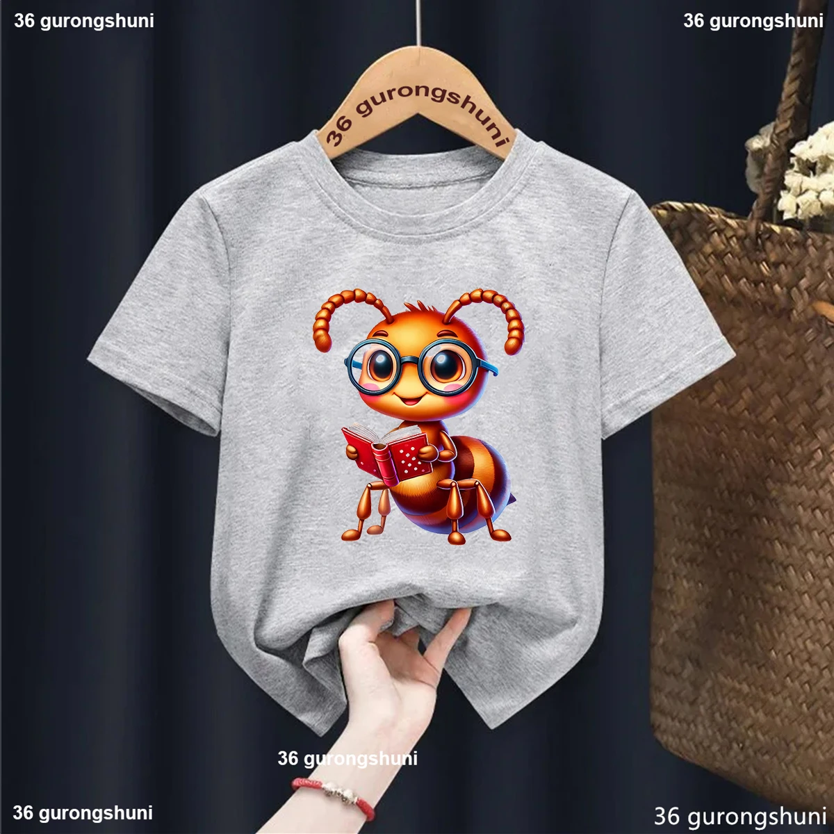 Camiseta gris de lectura de hormigas para niños y niñas, ropa Kawaii divertida para niños, camiseta de manga corta de verano, ropa para niños, camisa Harajuku
