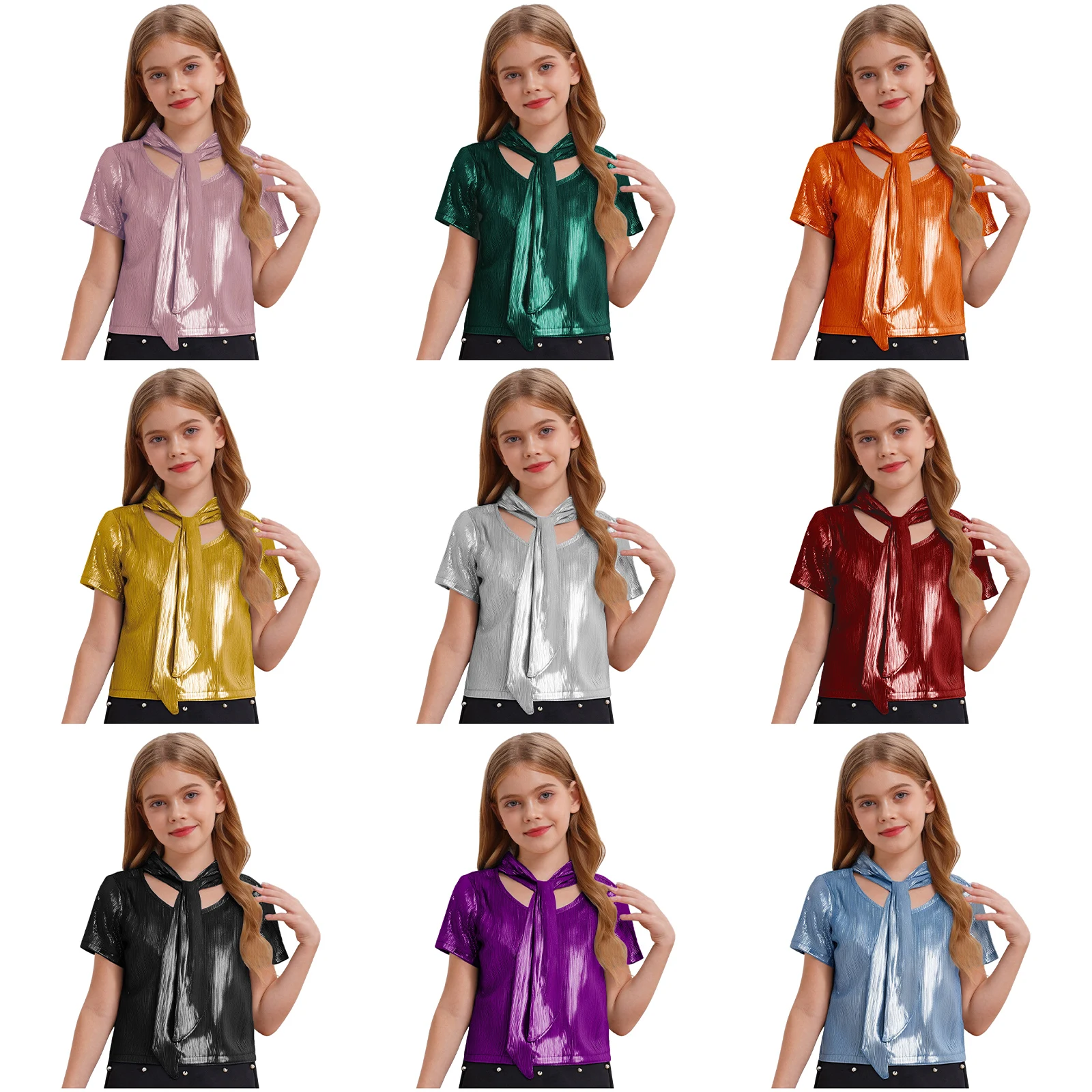 Tops de baile de Jazz para niñas, Top corto acanalado metálico, camiseta de manga corta con cordones para ropa de calle de Hip-Hop, puesta en escena de baile - imagen 2