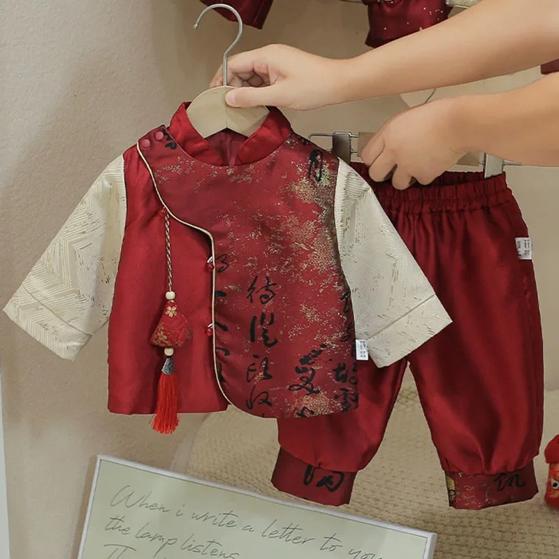 Conjuntos de primavera y otoño para niño pequeño, moda de primer cumpleaños, Tops de manga larga de estilo chino + Pantalones, artículos para bebé, ropa para recién nacido B241