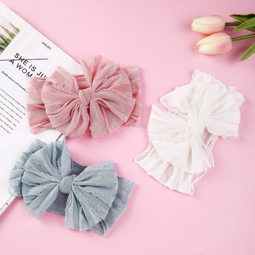 Diadema con lazo de encaje de malla para niñas, diadema elástica suave, accesorios decorativos para el cabello para niños, accesorios de fotografía para recién nacidos - imagen 4