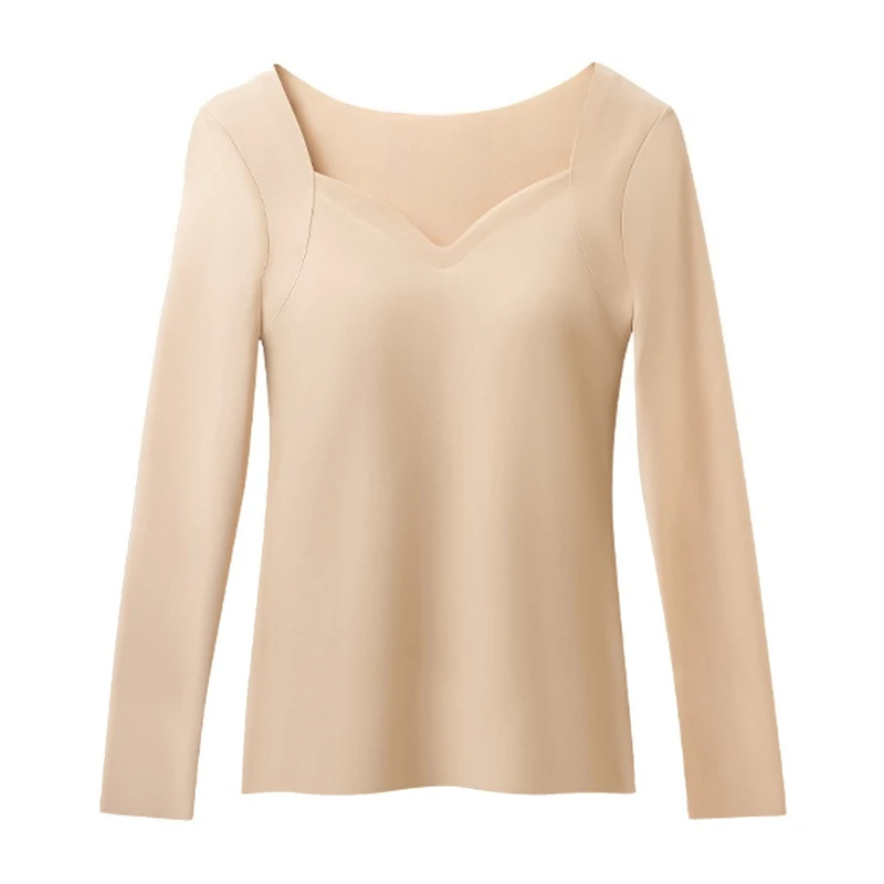 Top de capa base de manga larga cálido sin costuras para otoño-invierno para mujer - Ropa interior de cuello bajo ajustada con alfombrilla para el pecho de piel de belleza 3 en 1 - imagen 5