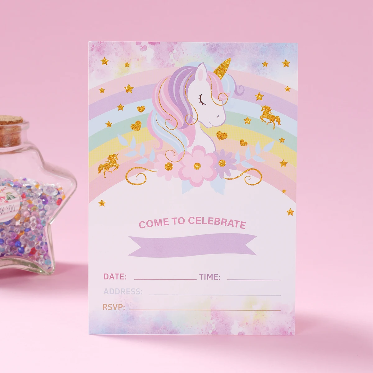 12 Uds. Tarjeta de invitación unicornio Arco Iris globo sobre tarjeta chica unicornio Fiesta Temática invitación decoración de fiesta de feliz cumpleaños