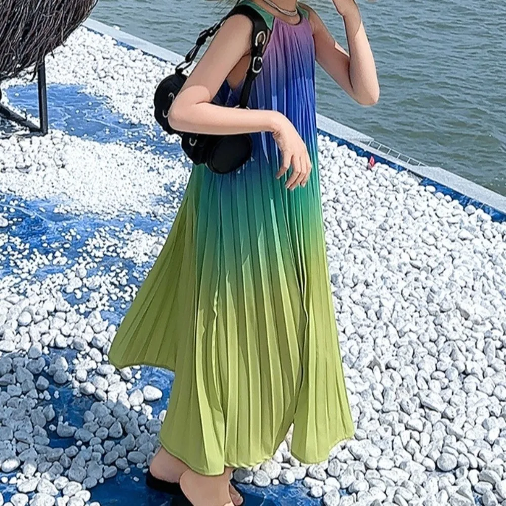 Falda sin mangas para vacaciones en la playa para niños, vestido plisado con tirantes y volantes de princesa para niños, vestido largo degradado con volantes para vacaciones - imagen 2