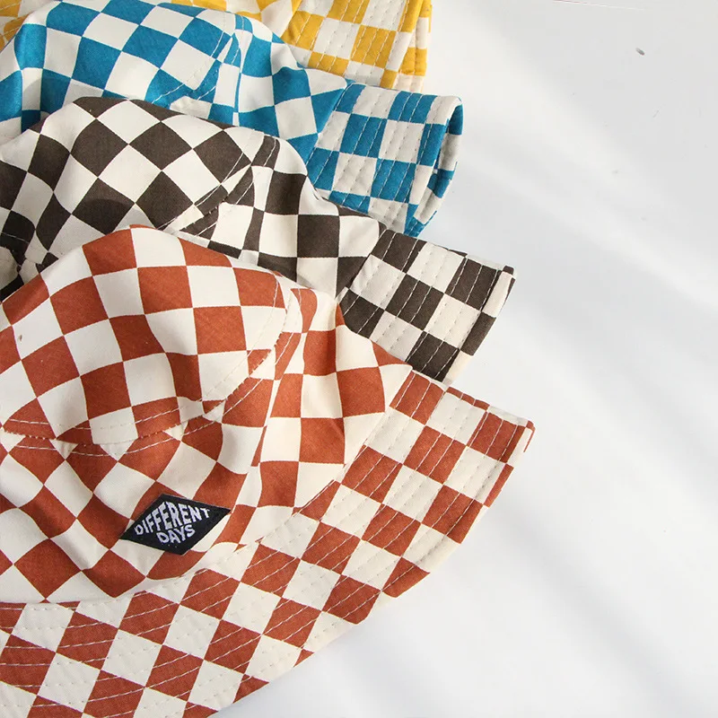 1 pieza, moda coreana, sombrero de cubo para niños y niñas, tablero de ajedrez clásico Retro, gorra de pescador para niños, sombrilla suave, gorras de Panamá - imagen 3