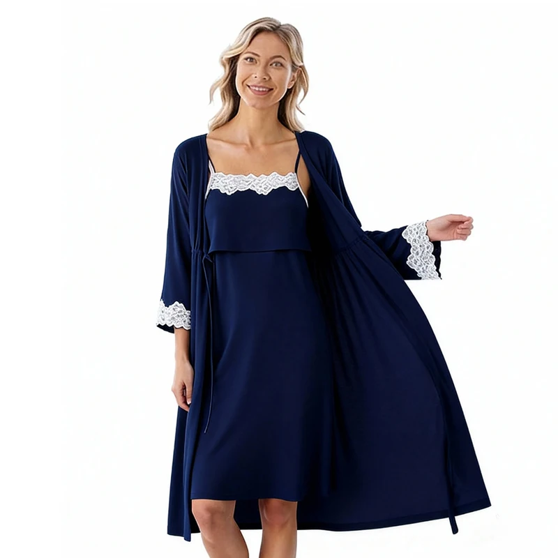 Vestido posparto con tirantes para lactancia + bata, conjunto de 2 uds., pijamas para embarazo, ropa de dormir para lactancia, ropa de casa para mujer embarazada - imagen 4