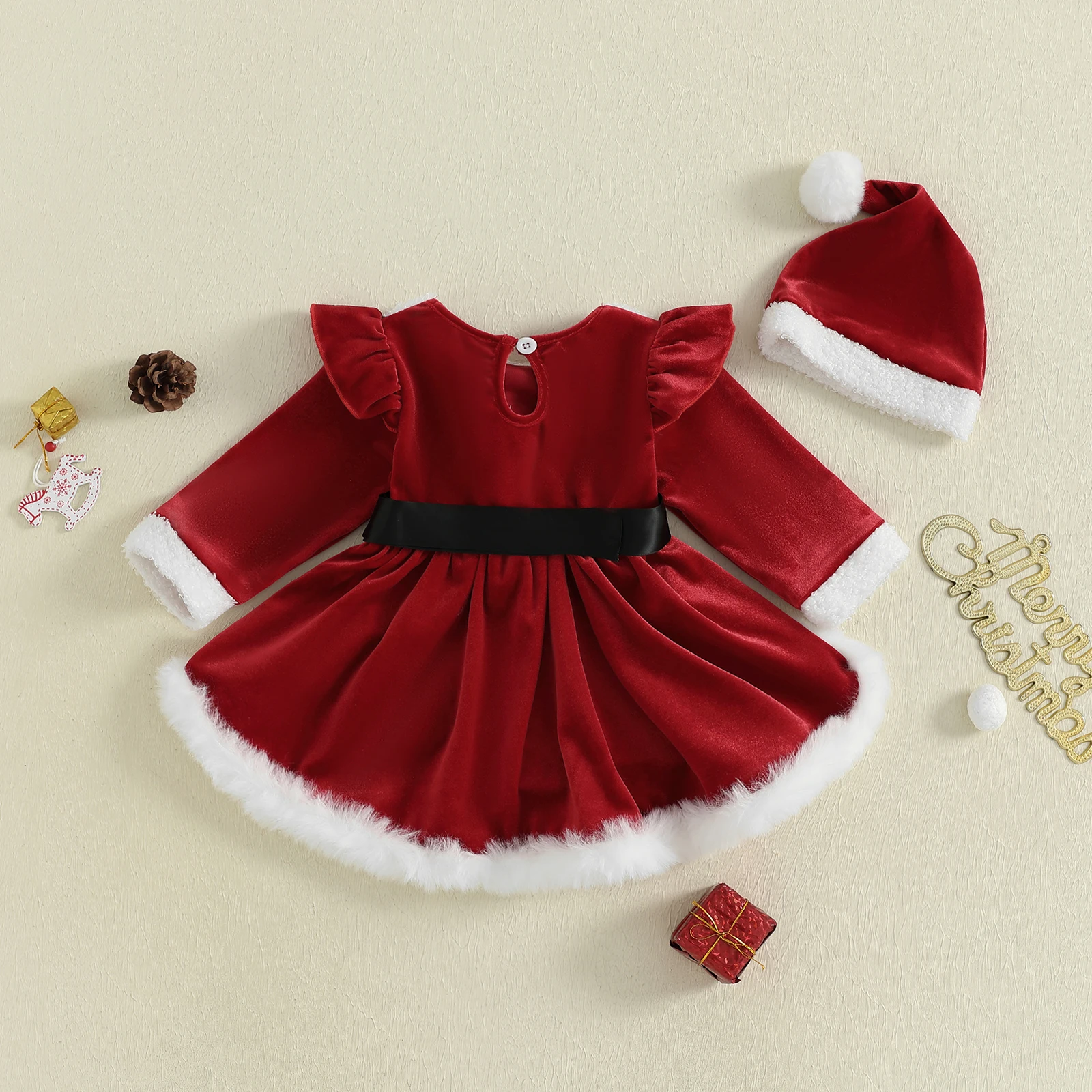VISgogo Vestido mameluco navideño para niñas, monos de manga larga con retazos de felpa y lindo conjunto de gorro de Papá Noel para trajes para niños pequeños - imagen 2