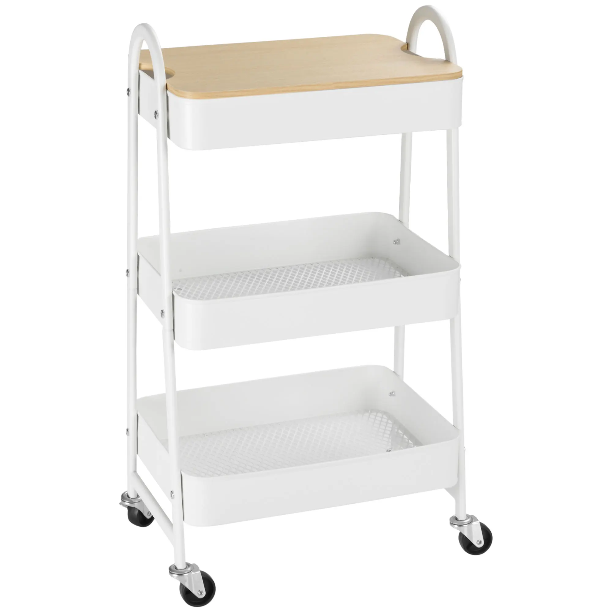 HOMCOM Carrito Auxiliar con Ruedas de 3 Niveles, Carrito de Cocina con 3 Cestas de Acero y 1 Placa de Cubierta, para Comedor, Sala Baño, 45x31x79,4 cm, Blanco