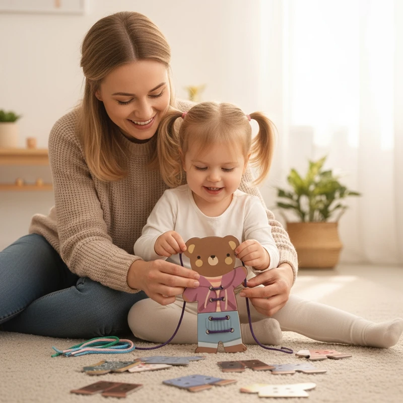 Montessori bebé el juguete de enhebrado del osito es un juguete educativo y educativo con un pequeño oso redondo imag - imagen 2