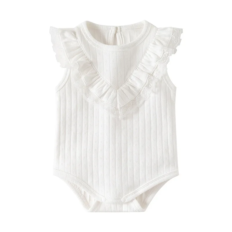 Ropa de verano para niñas recién nacidas, monos rosas de algodón con encaje a la moda coreana, monos sin mangas con cuello en V y cosas para bebés de una pieza B024 - imagen 3