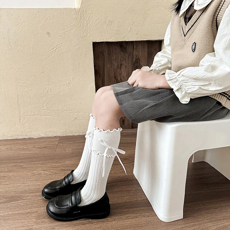 2026 calcetines de primavera para niños, calcetines con lazo para niñas, calcetines sólidos con lazo y volantes, calcetines sin tacón para niños para niñas - imagen 4