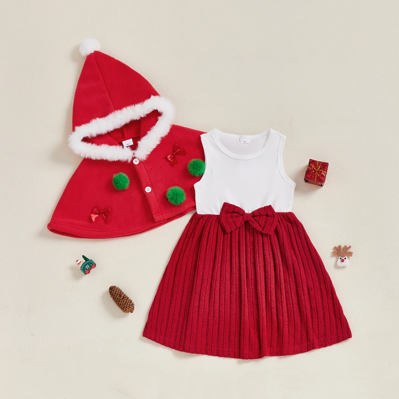 SUNSIOM Conjunto de 2 piezas de traje de Navidad para niña pequeña con lazo de bola de piel y capa con capucha y vestido sin mangas de una línea - imagen 2