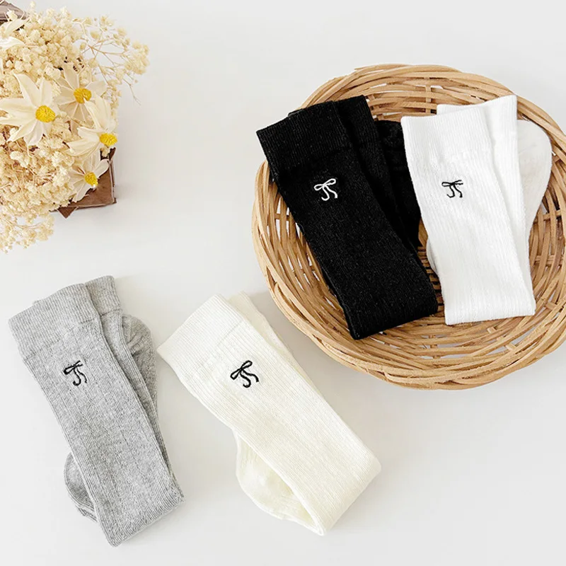 Medias con lazo para niñas, calcetines bordados transpirables de malla de Color sólido, calcetines suaves tejidos con lazo para primavera y verano para niños - imagen 5
