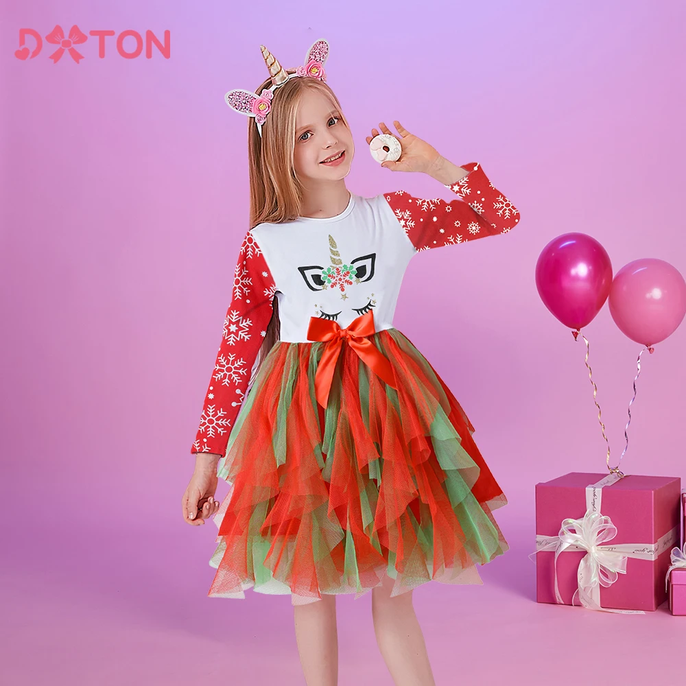 DXTON Vestido de niña con estampado de nieve y lazo de tul