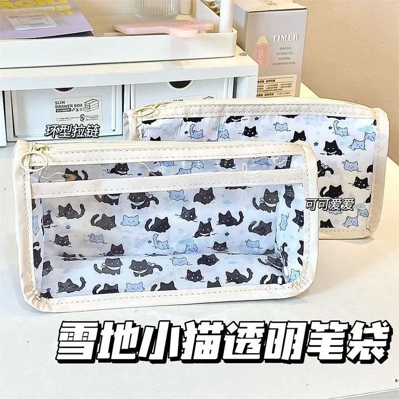 Bolsa de lápices Snow Kitten Ins, estuche de lápices transparente de alto valor, bolsa de almacenamiento multifuncional para estudiantes, bolsa de papelería de gran capacidad - imagen 2