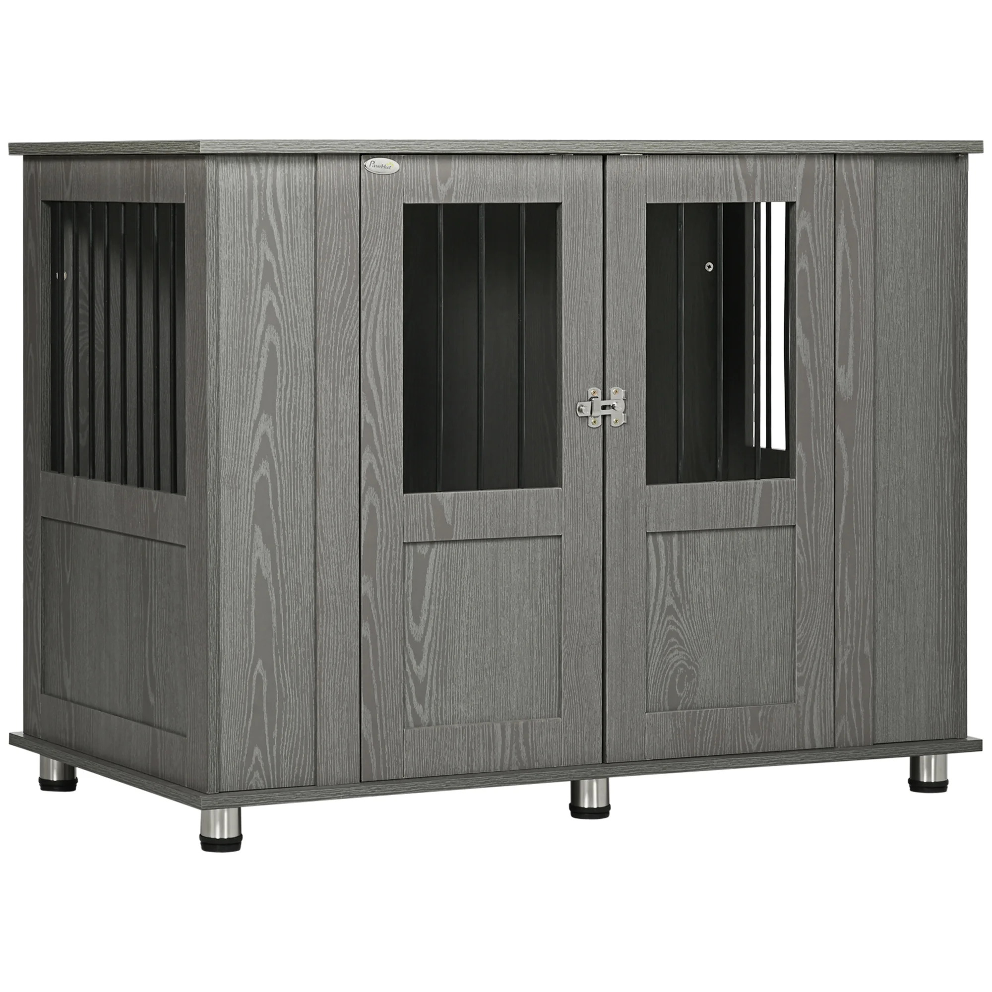 PawHut Jaula para Perros Grandes Desmontable 2 en 1 Mesa Auxiliar con 2 Puertas con Pestillo 4 Ventanas y Patas Ajustables 114x60x82 cm Gris