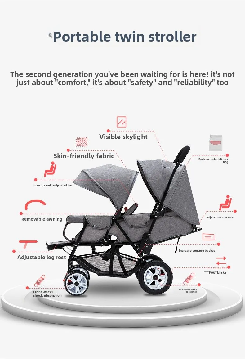 Asiento delantero y trasero, asiento doble para dos niños y carrito plegable ligero para niños - imagen 3