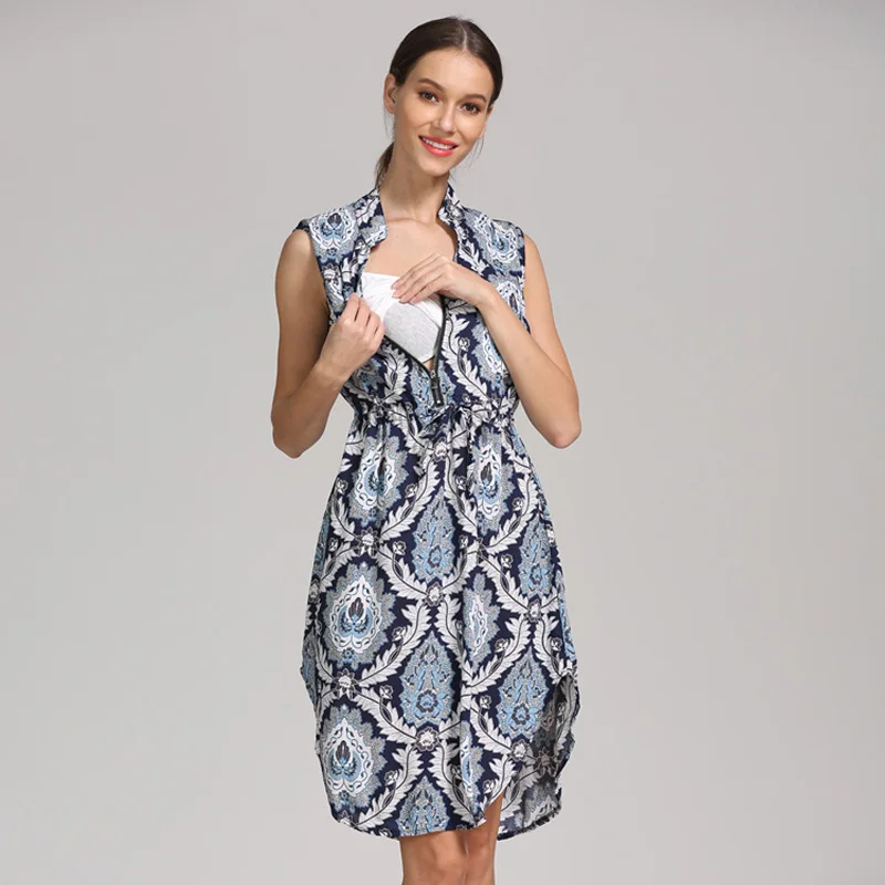 Ropa de maternidad holgada de verano, vestido informal para mujeres embarazadas, sin mangas, corte en A, vestidos de lactancia con estampado Floral